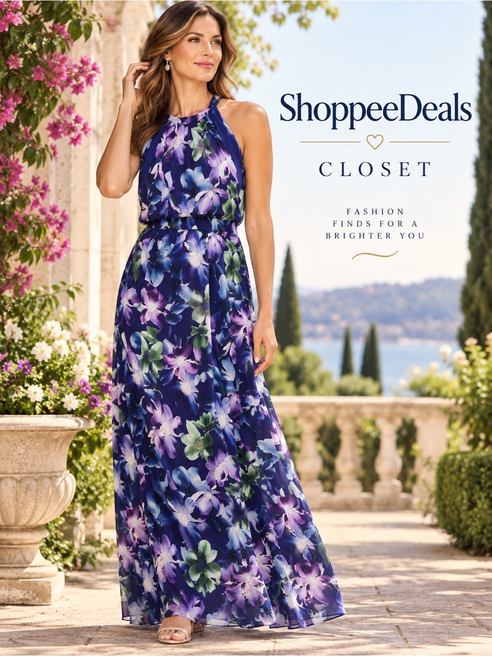 Kay Unger Jojo Shirred Halter Floral Maxi Dress Size 12